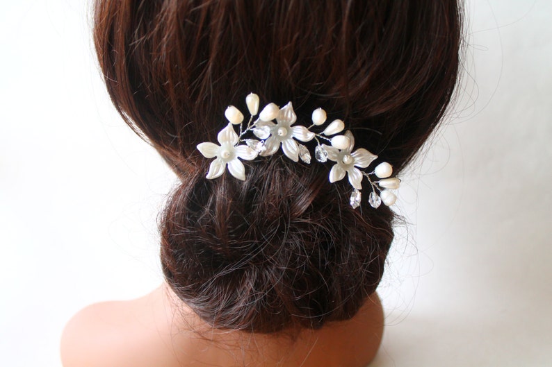 Wedding Hair Pins,Floral Vine Pearl Pin Bridal Head Piece Bridal Set Three Rhinestone Crystals Freshwater Pearls Bridal Flower Pins