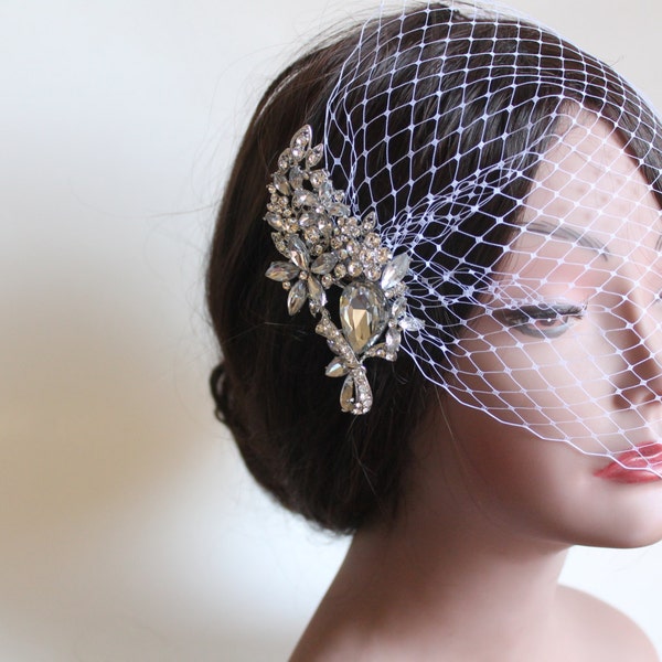 Birdcage Wedding Veil, Birdcage Blusher Veil, Blusher Bird Cage Veil, Bridal Bandeau Veil, Rhinestone Crystal Comb, Wedding Headpiece