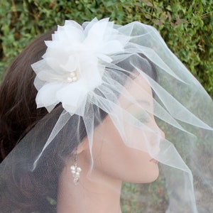 Tulle Veil, Blusher Veil, Birdcage Veiling, Pure Silk Flower Fascinator, Pearls Crystals Head Piece, Detachable Set, Wedding Accessories