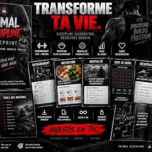 May include: A Primal Discipline Blueprint digital guide featuring a 50-page PDF, a black shaker bottle, and various informational cards. The text includes 'TRANSFORME TA VIE', 'DISCIPLINE BUILDS FREEDOM', and '50 PAGES'. The layout displays fitness, nutrition, and recovery content.