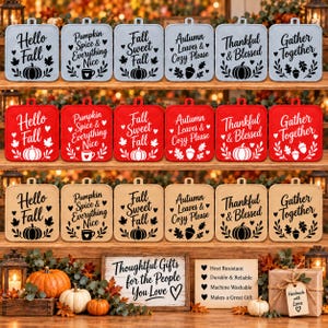 Puede incluir: Una colección de agarradores cuadrados en gris, rojo y beige, cada uno con textos e iconos de otoño como calabazas, hojas y bellotas. Los textos incluyen Hello Fall, Pumpkin Spice & Everything Nice, Fall Sweet Fall, Autumn Leaves & Cozy Please, Thankful & Blessed y Gather Together.