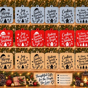 May include: A collection of eighteen square oven mitts in light blue, red, and tan, each featuring holiday-themed text and graphics like Merry Christmas, Joy to the World, Santa's Favorite Baker, Baking Spirits Bright, and Cookies for Santa.
