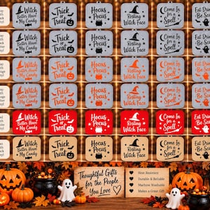 Könnte beinhalten: Ein Raster aus rechteckigen Schildern in Grau, Rot und Beige mit Halloween-Motiven wie Kürbissen, Hexenhüten und Geistern. Die Texte umfassen Phrasen wie Witch Better Have My Candy, Trick or Treat, Hocus Pocus, Resting Witch Face, Come In for a Spell und Eat Drink & Be Scary.