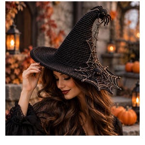 May include: A black crocheted witch hat featuring a pointed crown and a wide brim. The hat is decorated with a detailed, metallic-toned spiderweb pattern that extends from the tip to the brim, accented by small, dark, three-dimensional spiders.