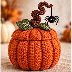 May include: A round, orange crocheted pumpkin with a lid, featuring two green crocheted leaves and a brown, spiraled, vine-like stem. A small, black crocheted spider with white eyes hangs from the end of the stem by a thin black thread.