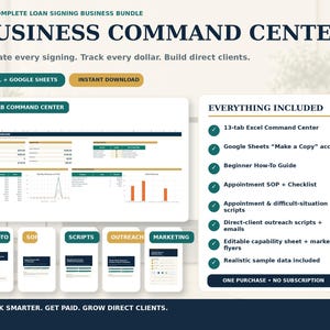 Könnte beinhalten: Ein digitales Business-Command-Center-Paket für Kreditunterzeichnungen mit einem 13-Tab-Excel- und Google-Sheets-Dashboard, Anleitungen, Checklisten für Termine, Skripten für schwierige Situationen, E-Mail-Vorlagen und bearbeitbaren Flyern.