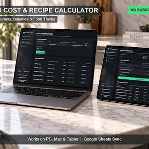 Könnte beinhalten: Ein Laptop und ein Tablet mit einer Benutzeroberfläche für Lebensmittelkosten- und Rezeptkalkulation im Dunkelmodus, inklusive Zutatenlisten. Der Text lautet FOOD COST & RECIPE CALCULATOR, NO SUBSCRIPTION und Works on PC, Mac & Tablet.