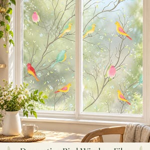 May include: A static cling window film featuring a repeating pattern of colourful birds perched on thin, bare tree branches with small green leaves and tiny white flowers. The design is printed on a semi-transparent, frosted privacy film.
