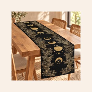 Black Gold Moon Phase Table Runner, Celestial Floral Gothic Boho Decor