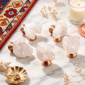 Natural White Quartz Cabinet Knobs, Crystal Drawer Knobs, Brass Furniture Hardware, Boho Dresser Pulls, Bohemian Furniture Decor