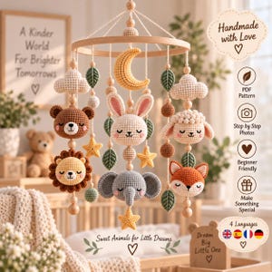 May include: A crochet baby mobile featuring a circular wooden frame with hanging yarn figures including a yellow crescent moon, a brown bear, a white rabbit, a cream sheep, a brown lion, a gray elephant, and an orange fox, accented with stars, clouds, and green leaves.