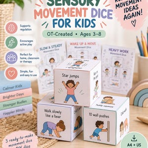 May include: Three white paper cubes featuring colorful illustrations of children performing physical activities like star jumps, bear walks, and wall pushes. The cubes are labeled with text instructions and are accompanied by printed instruction cards.