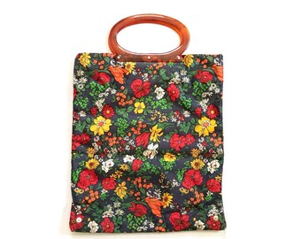 Vintage // Floral Expanding Handbag Knitting Bag Tote // 1960s