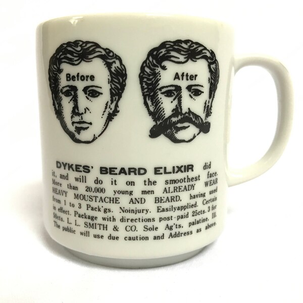 Vintage // Ceramic Dyke's Beard Elixir Advertising Mustache Mug // 1970's