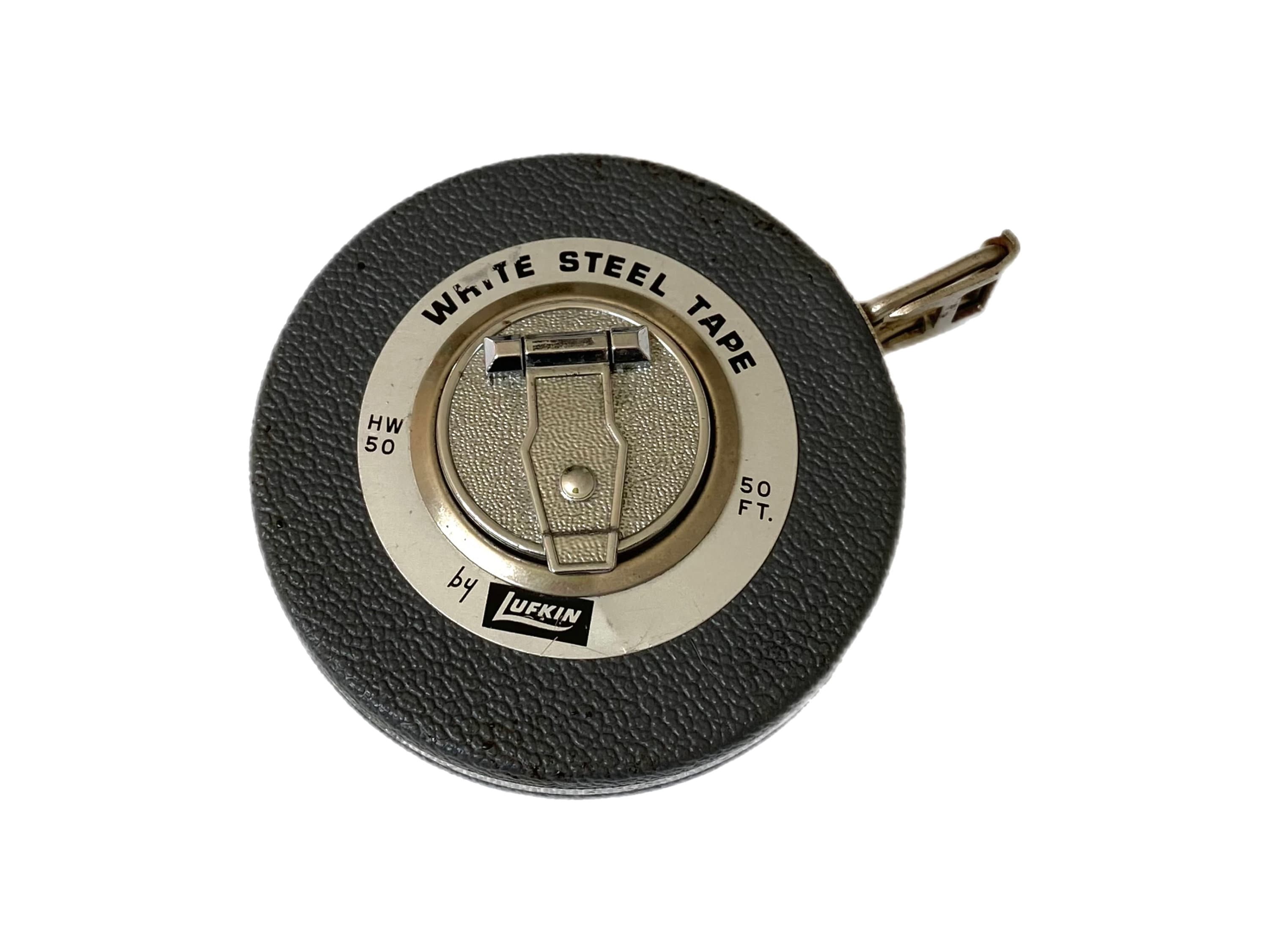 Vintage // Vintage Lufkin Retractable 50 Foot White Steel Measuring Tape,  Gray & Silver HW50 Circular Shaped Tape Measure, U.S.A. // 1950s 