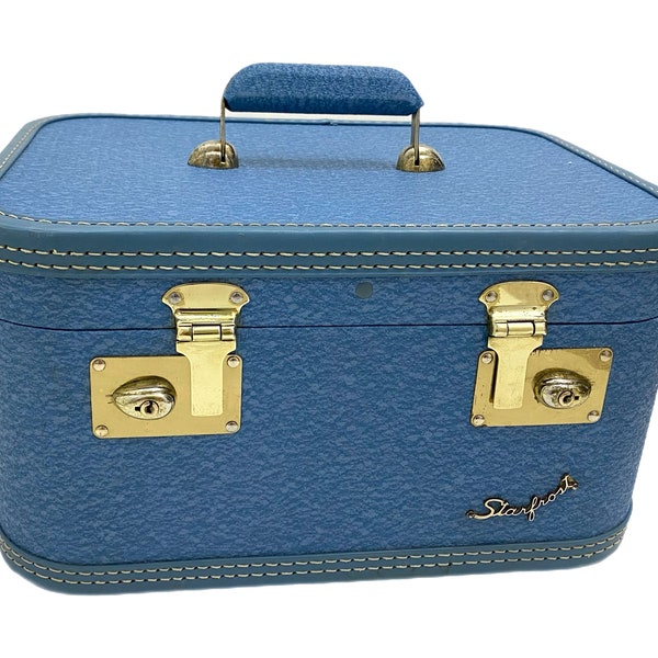 Vintage // Blue Train Case, Overnight Makeup Tote, Starfrost Starline Series, Baltimore Luggage, Carrying Case, Travel Gifts // 1960s