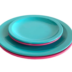 Vintage // Bubblegum Pink & Teal Texas Ware Melamine Plastic Dining Plates, Set of 4 Plates, Two Sizes, Picnic, Camp Lover Gifts // 1980s