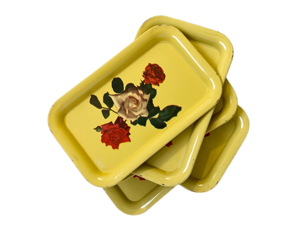Vintage // Midcentury Yellow Serving Trays With Red & White Etsy