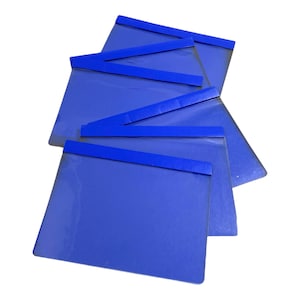 May include: A stack of four blue plastic folders with blue tape along the top edge. The folders are transparent and have a smooth surface.