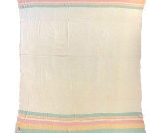 Vintage Pastel Striped Wool Throw Blanket, Mid-Century Highlander Twin Bed Coverlet