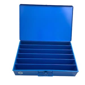 May include: A blue metal storage box with six compartments. The box is open and the compartments are empty.