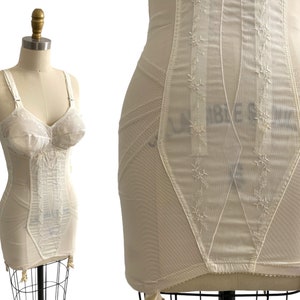 Vintage 50's-60's Bustier Corset Girdle Bodysuit Shapewear Lingerie Pinup  Ivory Nylon Spandex Size S 