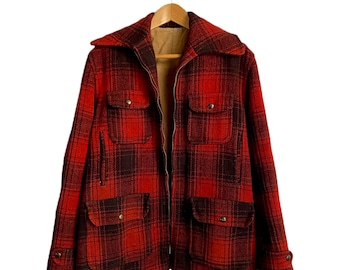 Vintage Wool Mackinaw Hunting Jacket, Red Black Plaid, Size M