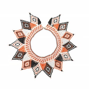 Vintage // Tribal Beadwork Statement collar, Black, Orange & White Hand Beaded, Boho Chic // 1970s