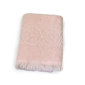 Vintage // Mid Century Towels, Sculpted Circle Medallions Motif, Terry Cloth Bath Towel, Movie Prop, Peach Hair Towel with Fringe // 1970s