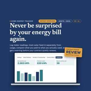Op de afbeelding: Een digitaal dashboard voor het bijhouden van energieverbruik in huis, weergegeven op een scherm met een donkerblauwe achtergrond. De interface toont gegevens over verbruik, zonne-energie en contractstatus. Tekst: "Never be surprised by your energy bill again."