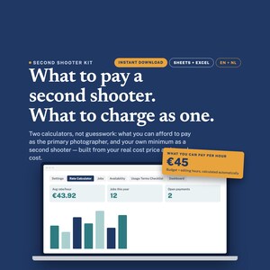 Könnte beinhalten: Ein digitales Produkt namens Second Shooter Kit mit dunkelblauem Hintergrund und weißem Text. Es enthält eine Honorarkalkulations-Schnittstelle für Fotografen, die Diagramme, Stundensätze und Zahlungsdaten in einem klaren Layout anzeigt.