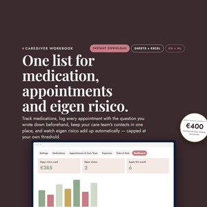 May include: A digital caregiver workbook interface on a dark background with white text reading One list for medication, appointments and eigen risico. Includes an instant download button, sheets and excel labels, and a dashboard graphic with charts.