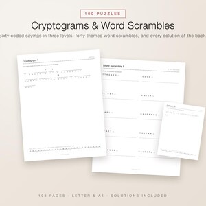 Cryptogram Puzzles Printable, 100 Puzzles for Adults PDF, Cryptoquote and Word Scramble Book with Solutions, Large Print, Letter A4