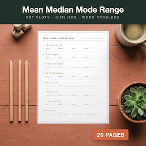 May include: A white educational worksheet titled Mean, median, mode and range with eight math problems, three wooden pencils, two dice, a ceramic mug of coffee, and a small potted succulent plant on a rustic wooden surface.