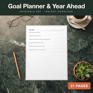 May include: A white printable goal planner page with the heading Last year and six bulleted reflection questions. The document is surrounded by a gold pen, wire-rimmed glasses, a white coffee cup on a saucer, and a small green succulent plant.