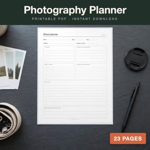 Printbare fotografieplanner, fotoshootplanner, logboek camera-instellingen, opnamenlijst, belichtingsoverzicht, 52 weken durende foto-uitdaging