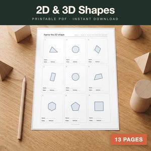 Pode incluir: Uma folha de exercícios educativa imprimível intitulada 2D & 3D Shapes com uma grade de nove caixas. Cada caixa contém uma forma geométrica com linhas para escrever o nome, o número de lados e os vértices. O documento tem 13 páginas.