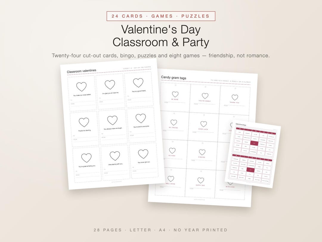 Valentines Day Printable Classroom Cards, 24 Valentine Cards for Kids ...