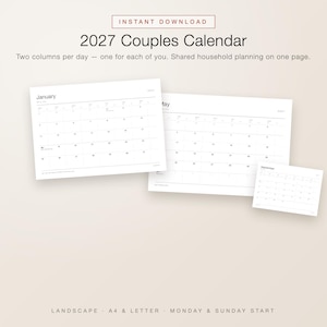 May include: A 2027 couples calendar digital download featuring a landscape layout with two columns per day for shared household planning. The white pages display monthly grids for January, May, and September with black text and lines.