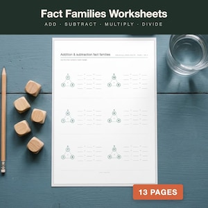 May include: A white worksheet titled Fact Families Worksheets with sections for addition, subtraction, multiplication, and division. The page features six triangle diagrams with numbers, a wooden pencil, five wooden cubes, and the text 13 PAGES.