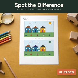 May include: A printable PDF spot the difference puzzle sheet featuring two illustrations of three houses in a row with flowers and a sun. The top panel shows a yellow sun, while the bottom panel shows a green sun. The text reads Spot the Difference.