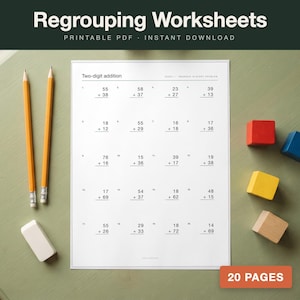 May include: A white sheet of paper titled Two-digit addition with twenty maths problems, two yellow pencils, a white rectangular eraser, and four small wooden cubes in red, blue, yellow, and natural wood colours arranged on a green surface.