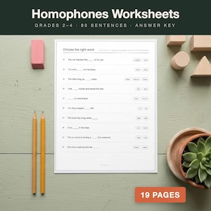 Peut inclure: Une feuille de papier blanche intitulée Homophones Worksheets avec 80 phrases pour les niveaux 2 à 4, proposant des exercices à trous. La page inclut un corrigé, deux crayons jaunes, une gomme rose, des blocs en bois et une plante succulente.