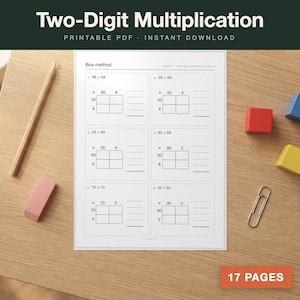 May include: A white printable PDF worksheet titled Two-Digit Multiplication featuring the Box method with six math problems, a wooden pencil, a pink eraser, a silver paperclip, and three small red, blue, and yellow wooden cubes.