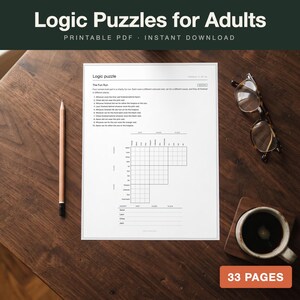 Logic Puzzles for Adults Printable, 24 Grid Logic Puzzles with Solutions PDF, Brain Games for Seniors, Easy to Hard, A4