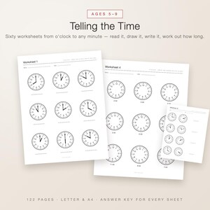 May include: A set of educational worksheets titled Telling the Time for ages 5-9. The pages feature black and white clock illustrations with blank spaces for writing. The text includes Sixty worksheets from o'clock to any minute and 122 pages.
