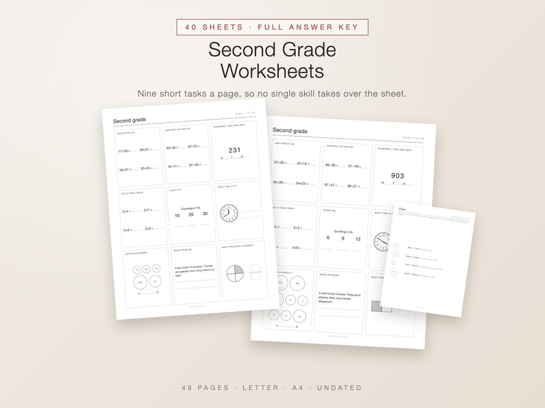 Second Grade Worksheets Printable, 40 Math Sheets PDF With Answer Key ...