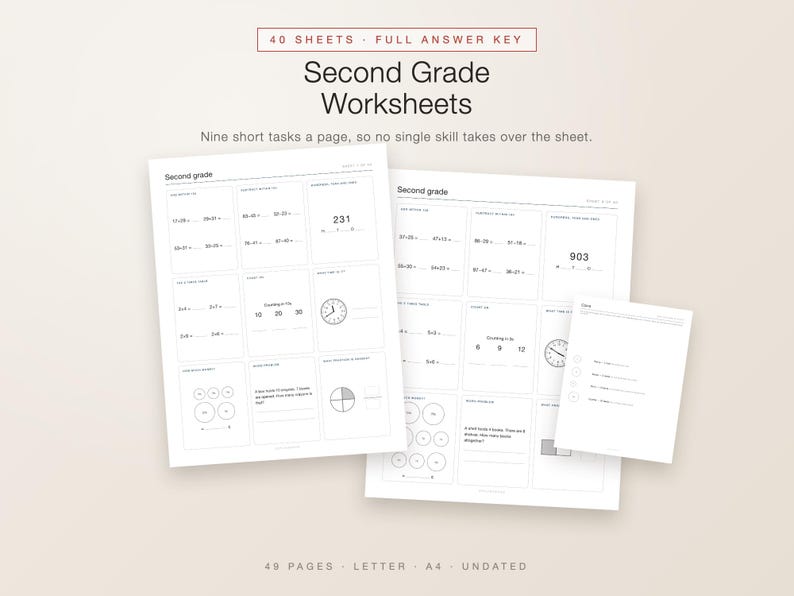 Printable Math Worksheets Clock Time Second Grade Worksheets Printable, 40 Math Sheets PDF With Answer Key ...