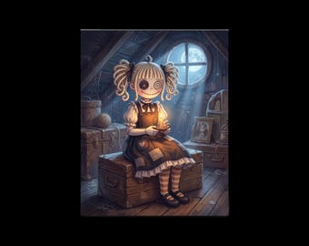 Creepy Cute Art Print – Button-Eyed Doll by Candlelight in an Attic, 8x10 Illustrated Wall Art