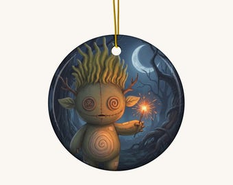 Holiday Ornament – Creepy Cute Character with a Sparkler, Moon Window Ceramic Round Ornament
